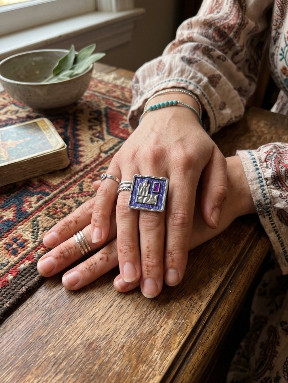 Vintage Brutalist Abstract Geometric Statement Ring Blue Purple Enamel